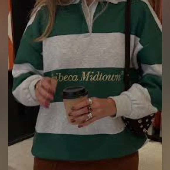 ZARA Tribeca Midtown NY Rugby Polo Sweatshirt Green Gray Striped Oversized - Picture 14 of 15